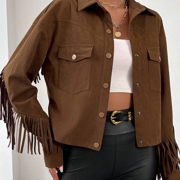 Womens Boho Faux Suede Ribbed Brown Fringed Jacket Sz large - Picture 4 of 5